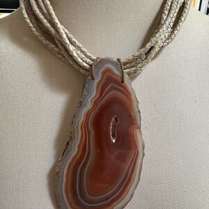 Handmade Cream Leather and Brown Agate Slice Pendant Necklace